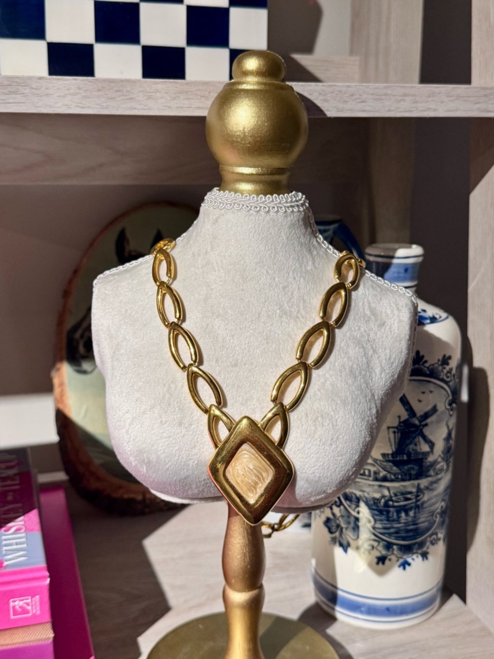 Vintage Money Gold Link Chain Statement Necklace with Pendant
